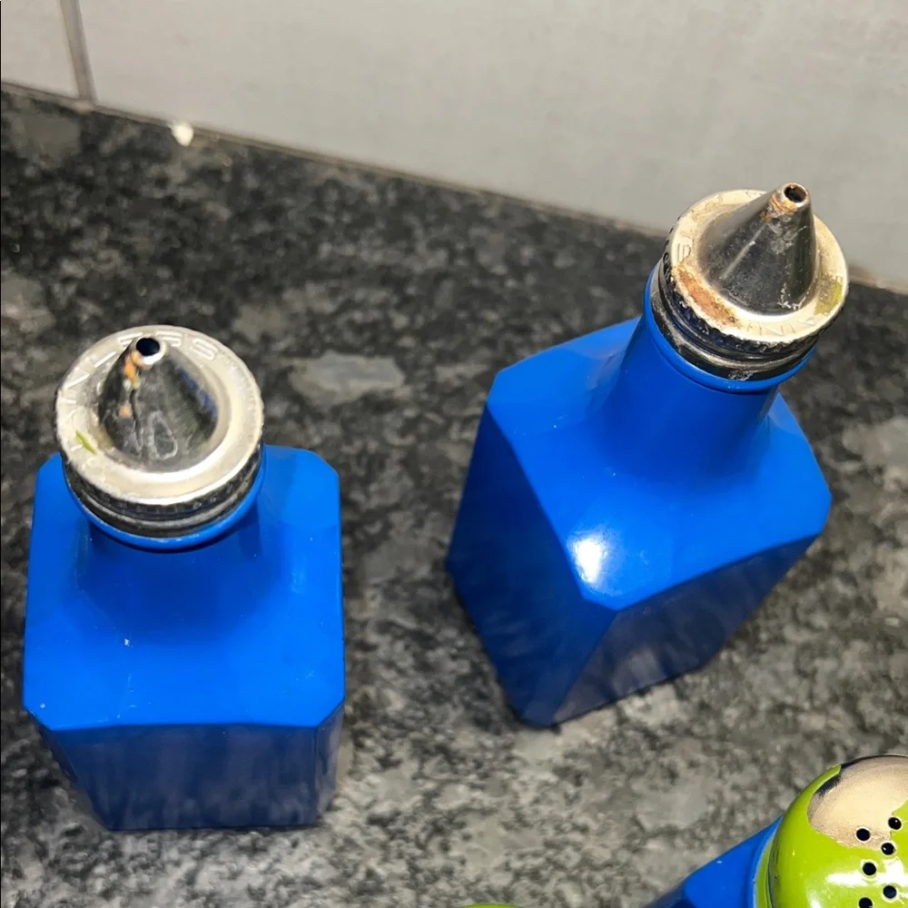 GEMCO Blue and Green Condiment Bottle Set Salt and Pepper/ Oil and Vinegar